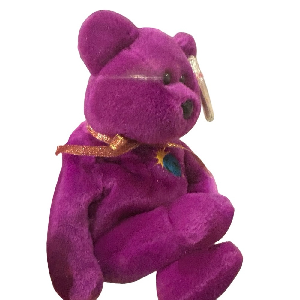 1999 TY Beanie Baby Millennium purple bear gold ribbon Earth/“2000” chest patch - Picture 4 of 11